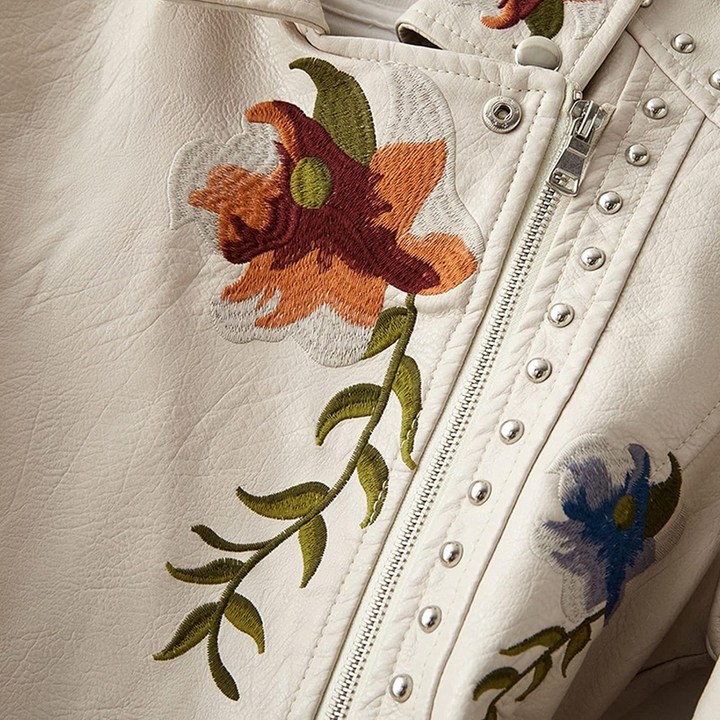 Josefine™ | Stilfuld Bikerjakke med Blomstret Broderi