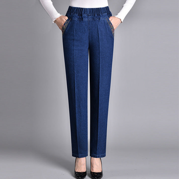 Damejeans med sidelommer og elastisk talje