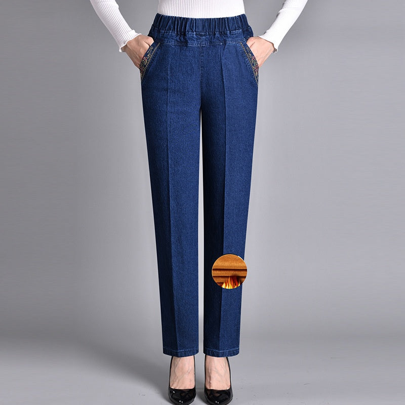 Damejeans med sidelommer og elastisk talje