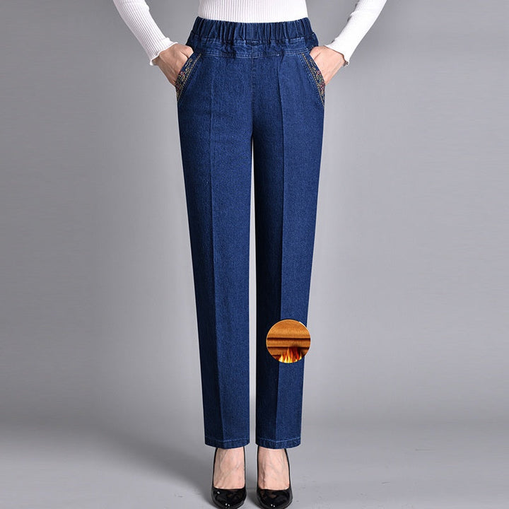 Damejeans med sidelommer og elastisk talje