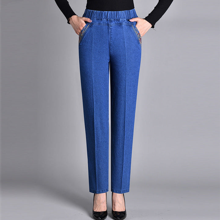 Damejeans med sidelommer og elastisk talje